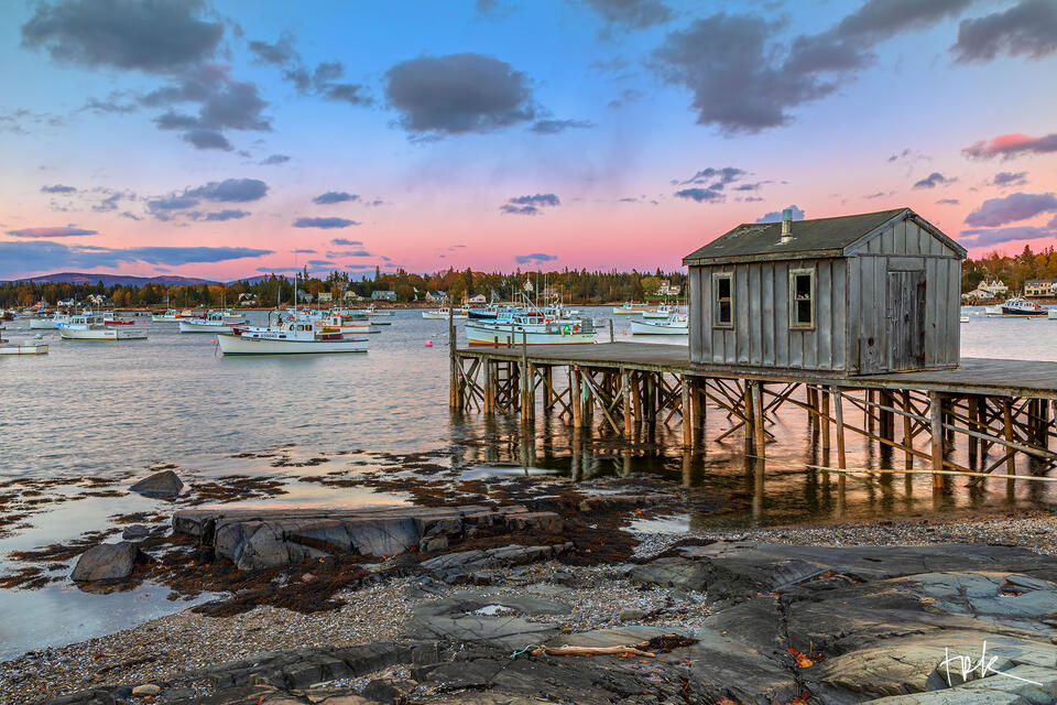 Limited edition print of a dock at Bass Harbor on Maine’s Mount Desert Island at sunset.