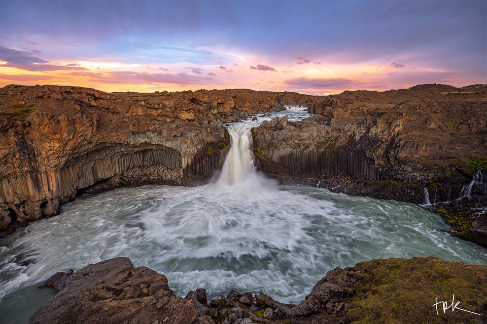 Limited edition print of Iceland’s Aldeyjarfoss waterfall at sunset.