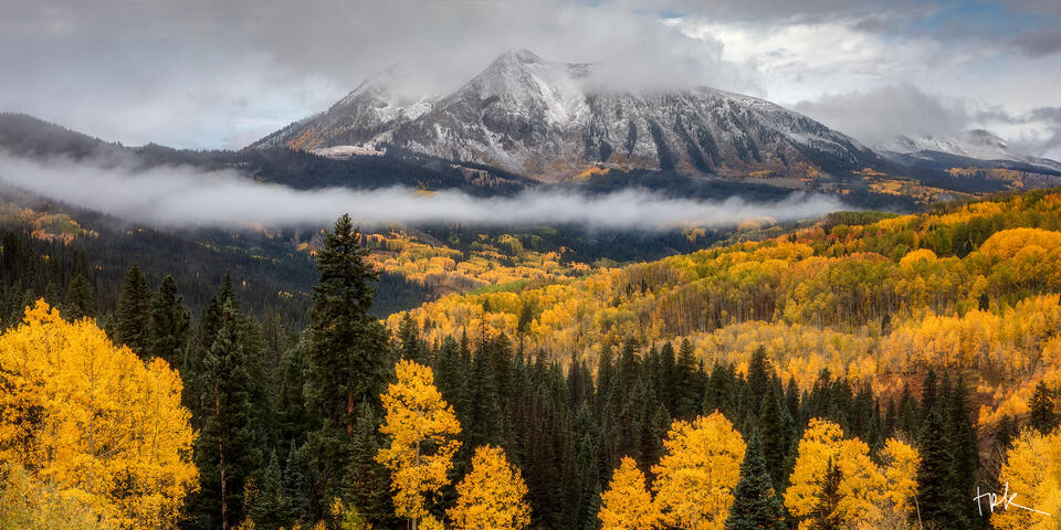 Limited edition panoramic print of Colorado’s East Beckwith Mountain after an overnight dusting of snow in autumn.