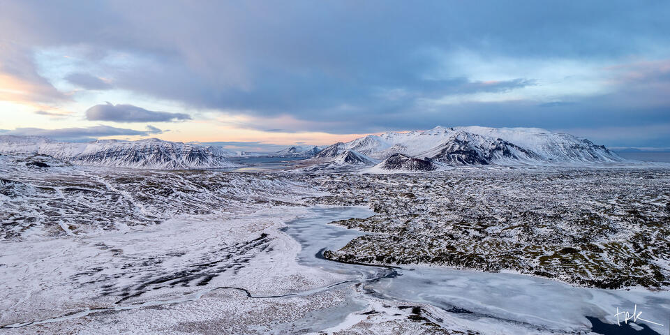 Limited edition panoramic print of snow-covered Berserkjahraun and Selvallavatn on Iceland’s Snæfellsnes.
