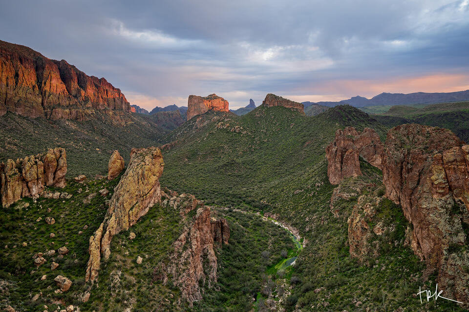 Limited edition print of Arizona’s Superstition Mountains at sunset from the high point of the Boulder Canyon Trail.