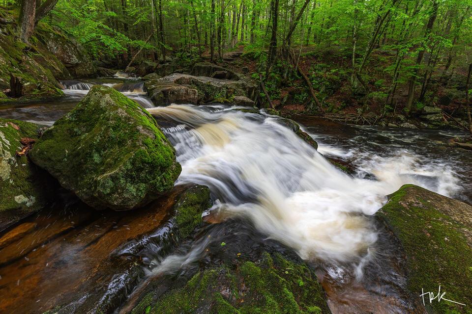 Limited edition print of a large, moss-covered boulder at the side of Enders Brook in Granby, Connecticut.
