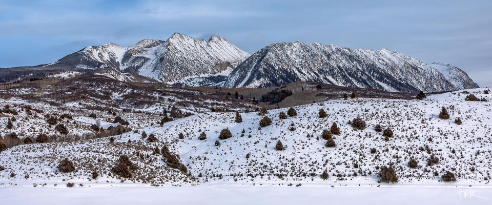Limited edition panoramic print of Colorado’s Chair Mountain and Ragged Peak with winter snow cover.