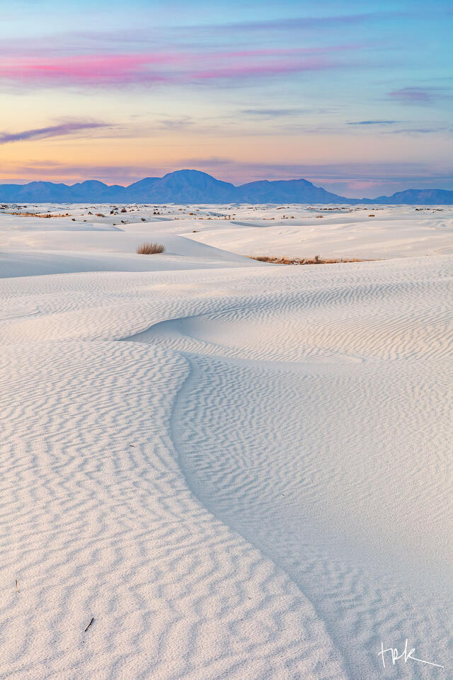 Limited edition print of a a dune crest in White Sands National Park at sunset.