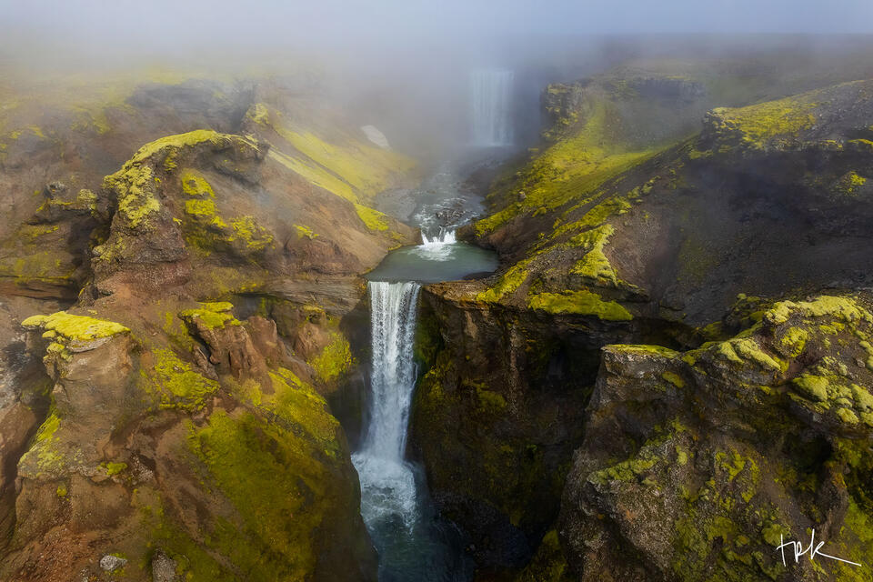 Limited edition print of two large Icelandic waterfalls in the fog.