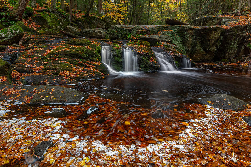 Limited edition print of the first falls at Enders Brook in Granby, Connecticut in autumn with a ring of foam and leaves at the edge of the plunge pool.
