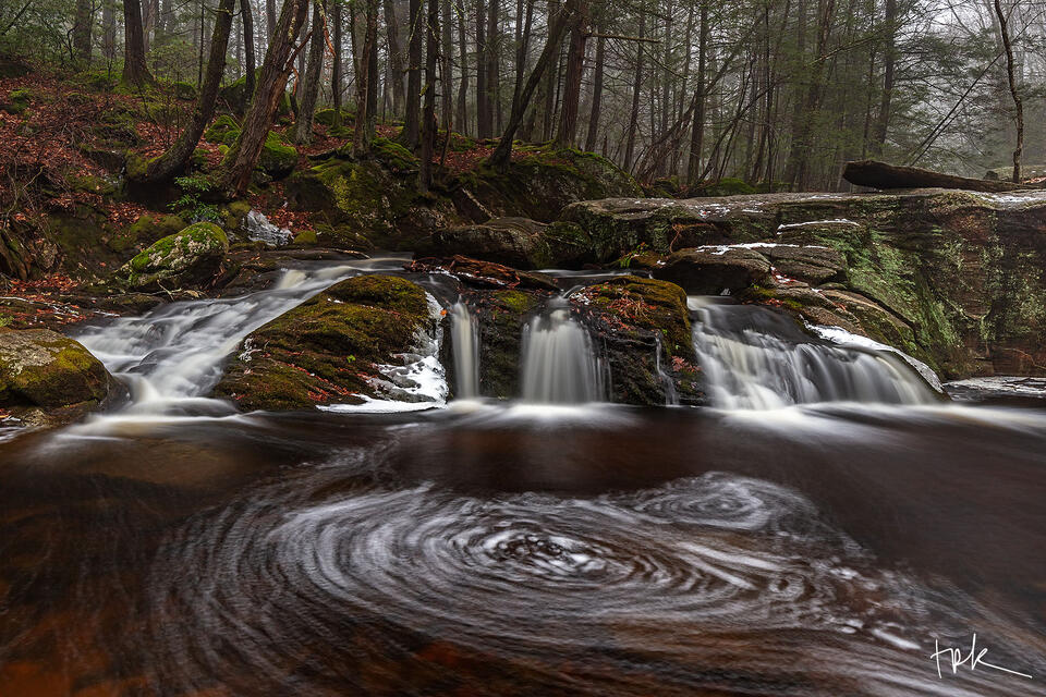Limited edition print of the first waterfall at Enders Brook in Granby, Connecticut in early winter before any snow has fallen.
