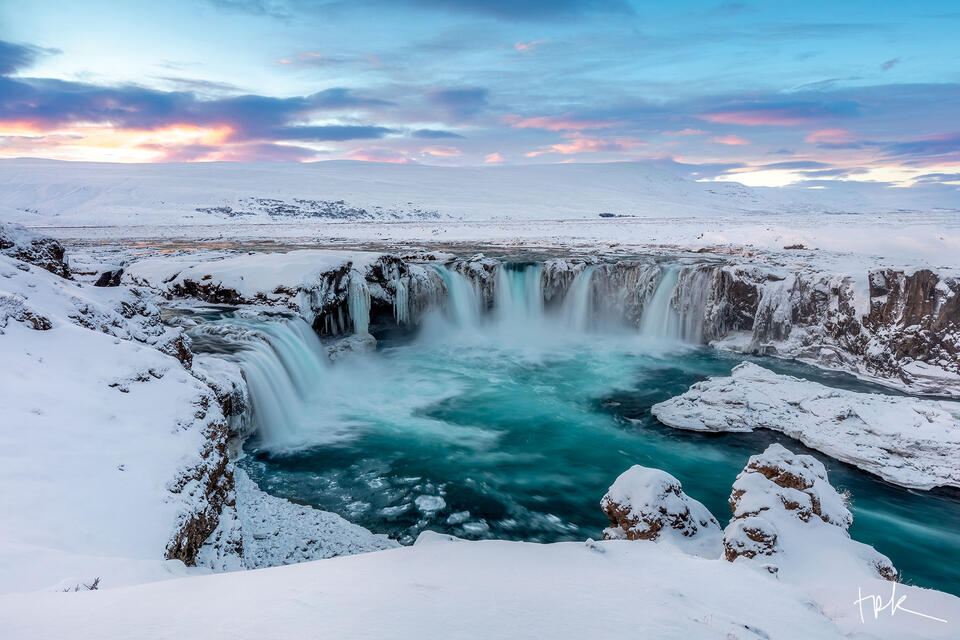 Limited edition print of Iceland’s Goðafoss at sunset in winter.