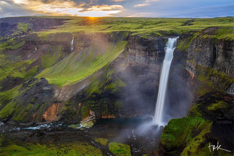 Limited edition print of Iceland’s Háifoss waterfall taken during a summer sunset just after fog cleared.