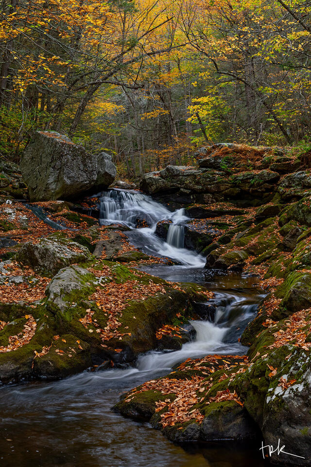 Limited edition print of a multi-tiered waterfall under a canopy of autumn leave in the Granville State Forest of Massachusetts.