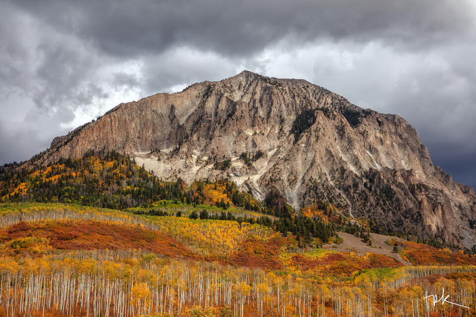 Limited edition print of Colorado’s Marcellina Mountain with yellow aspens and red Gambel oak at its base.