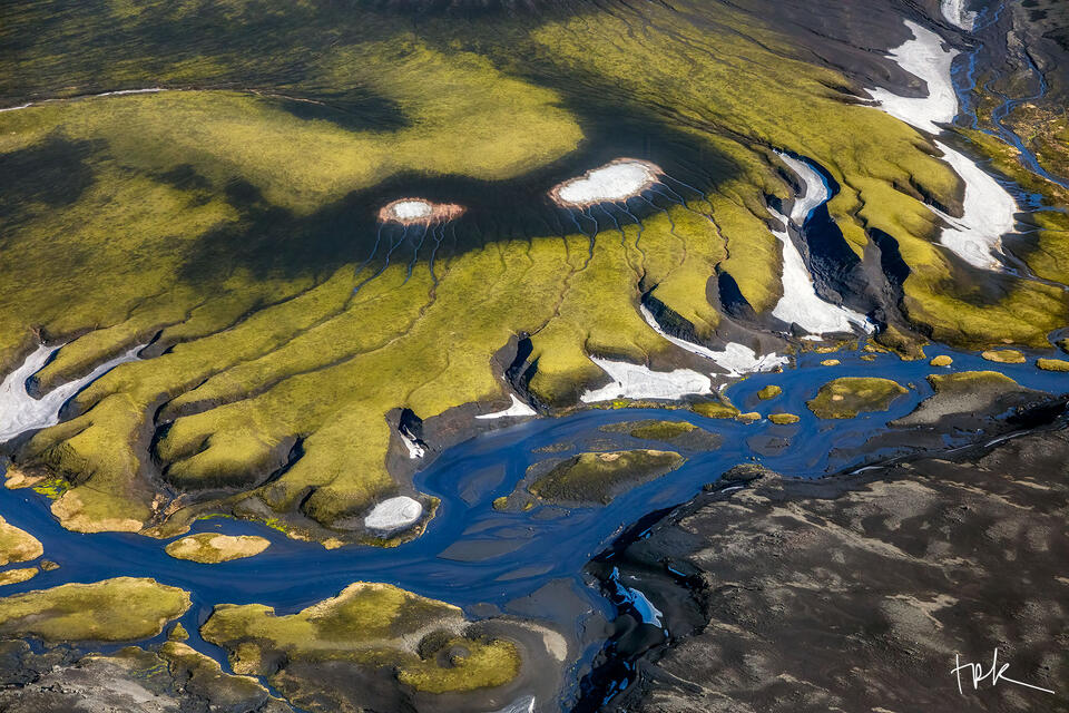 Limited edition print of an abstract aerial view from the Icelandic highland with features that resemble a person wearing a black mask.