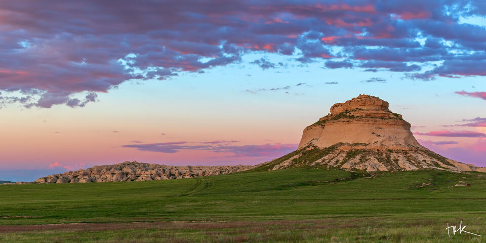Limited edition panoramic print of Colorado’s East Pawnee Butte at sunset.