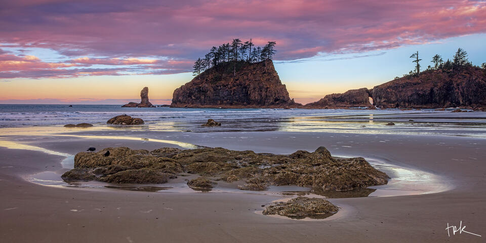 Limited edition panoramic print of Second Beach on Washington’s Olympic Peninsula at sunrise.