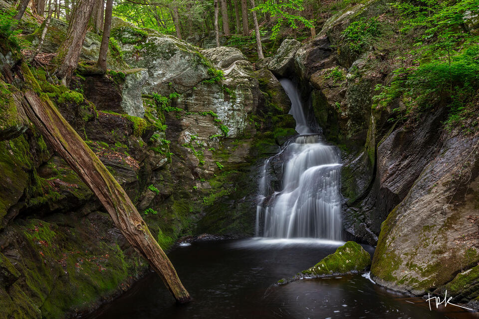 Limited edition print of the second falls at Enders Brook in Granby, Connecticut in spring, viewed from a distance with a moss-covered fallen-log at the left.