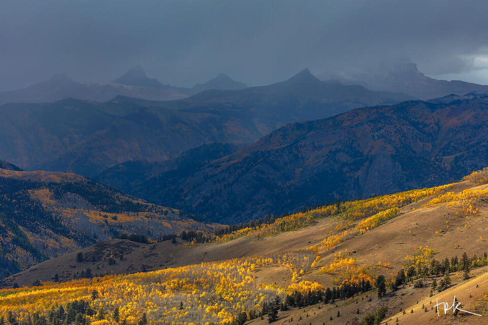 Limited edition print of Uncompahgre Peak and the San Juan Mountains in a fall thunderstorm from Slumgullion Pass.