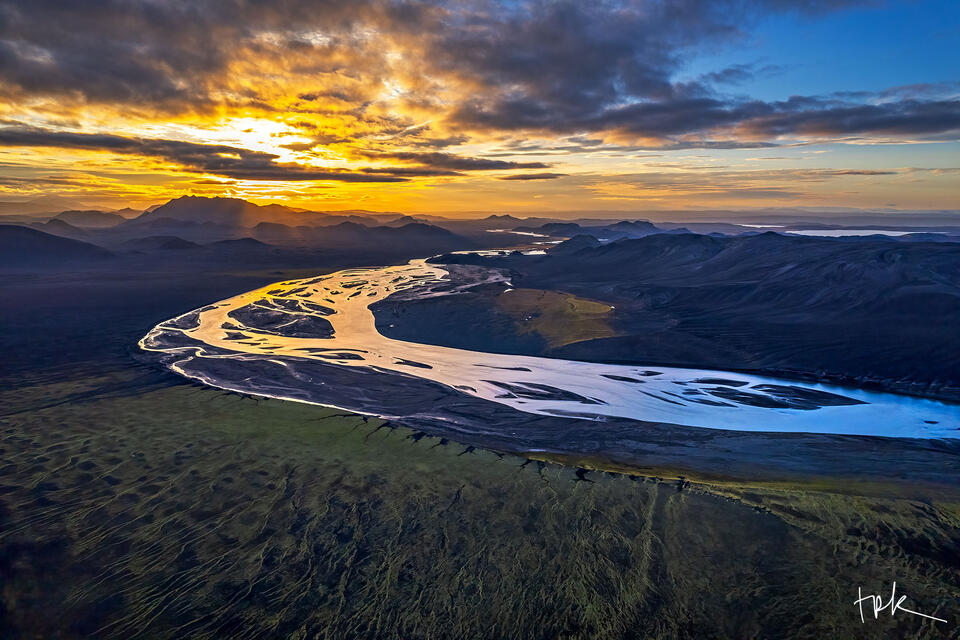 Limited edition print of the river, Tungnaá, and distant mountains in the Icelandic highland at sunset.