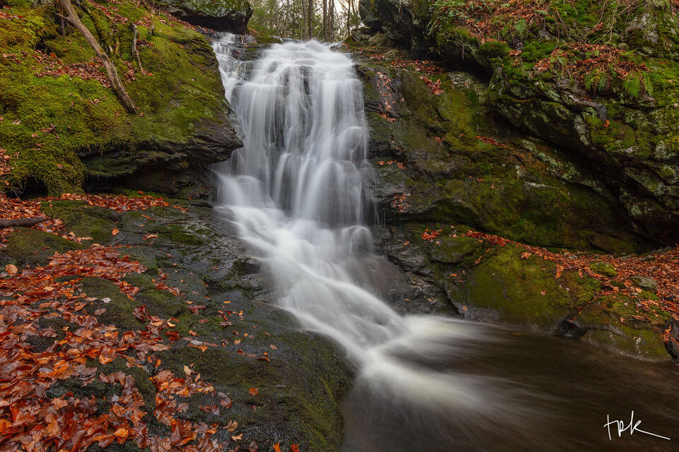Limited edition print of a small waterfall hugging moss covered rocks in the Connecticut woodland in late autumn.