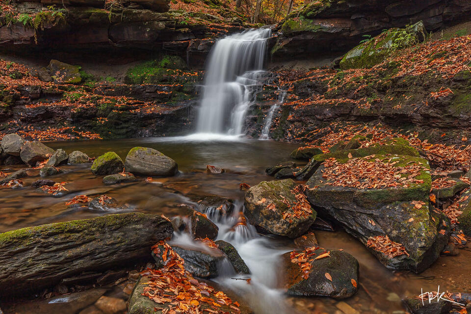 Limited edition print of a woodland Pennsylvania waterfall in autumn.