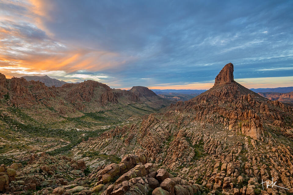 Limited edition print of Weavers Needle in Arizona’s Superstition Mountains at sunset.