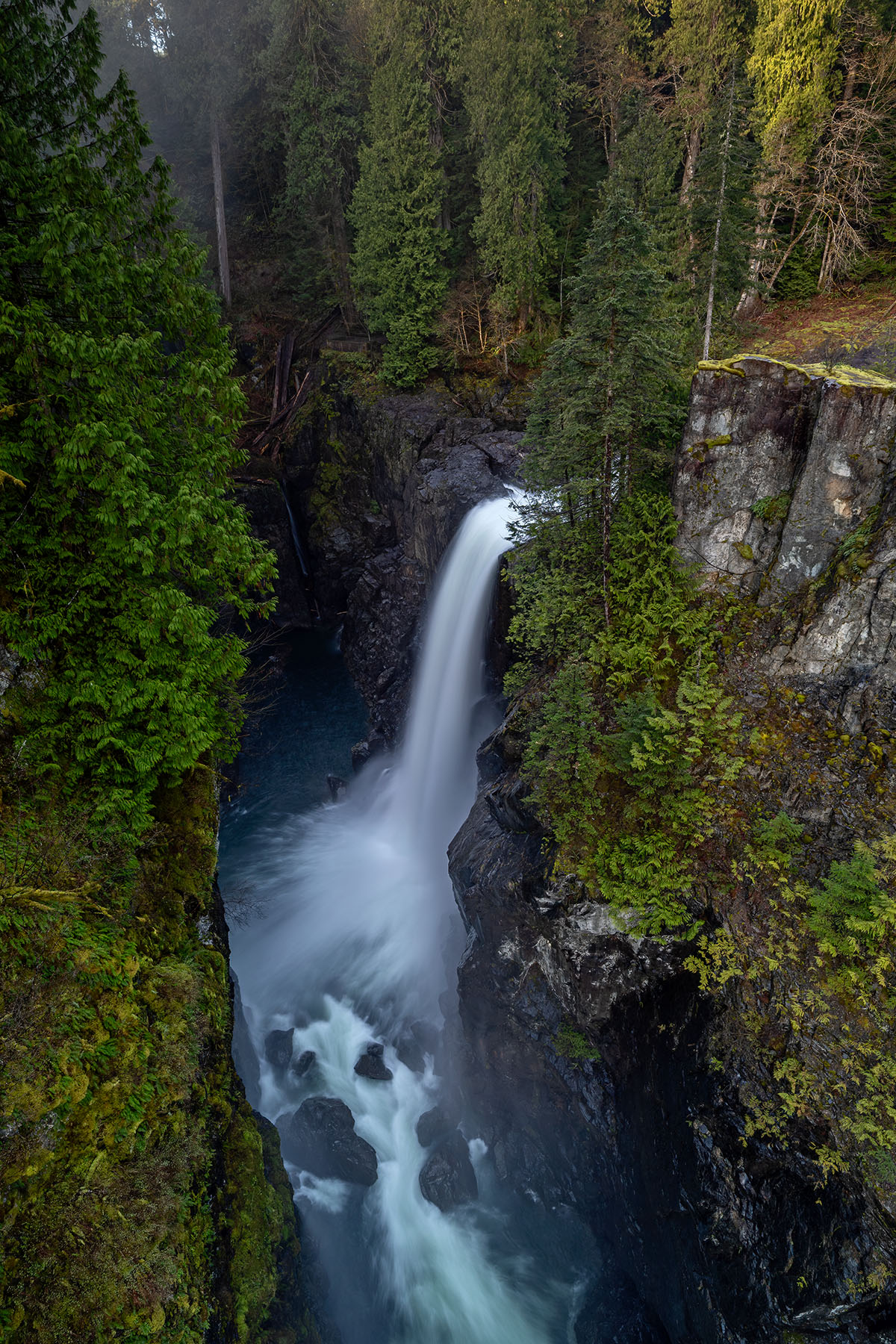 Vancouver Island’s Elk Falls pouring down into a deep and narrow gorge lined with fall conifers.