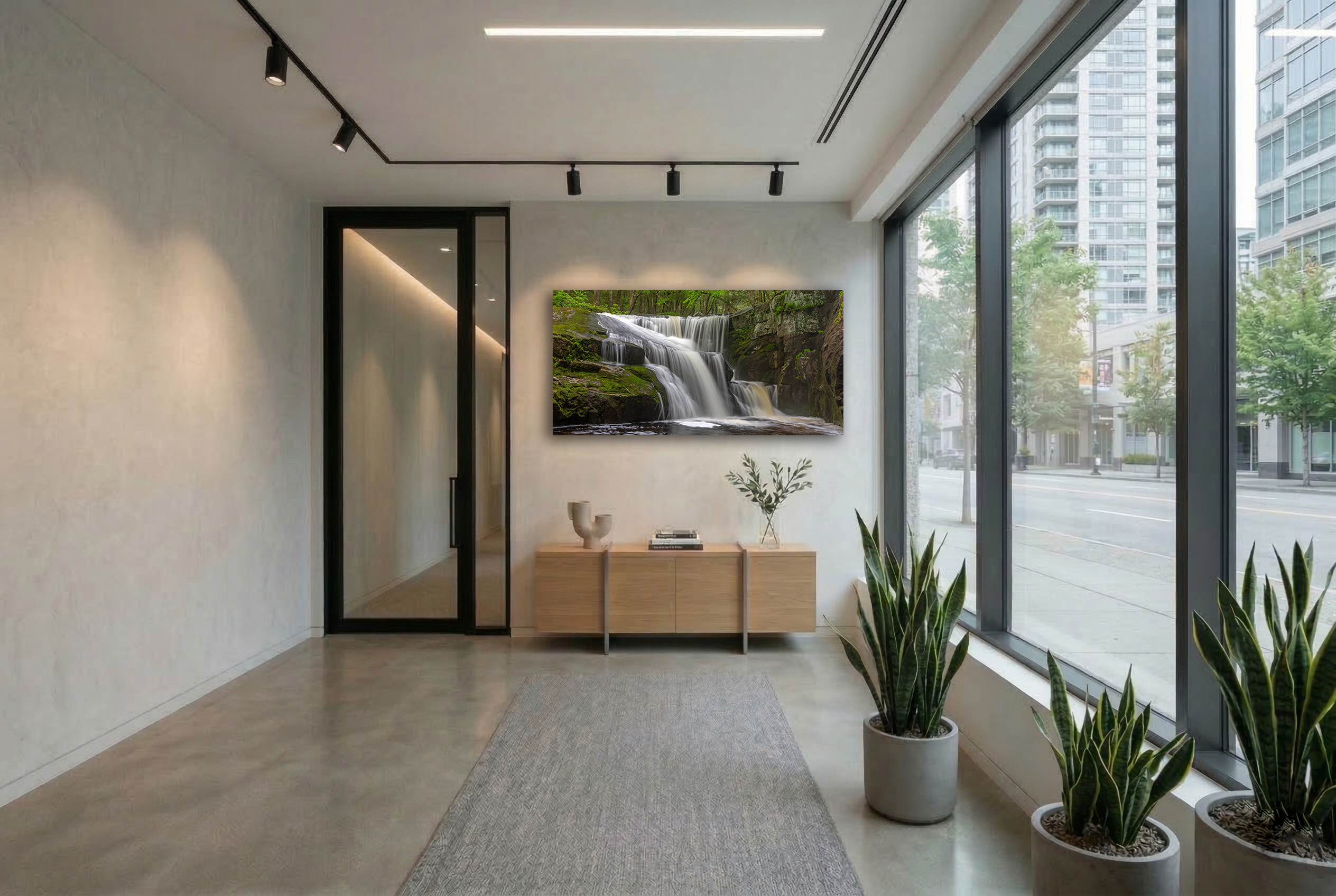 Enders Falls waterfall in Connecticut fine art print displayed in a contemporary lobby.