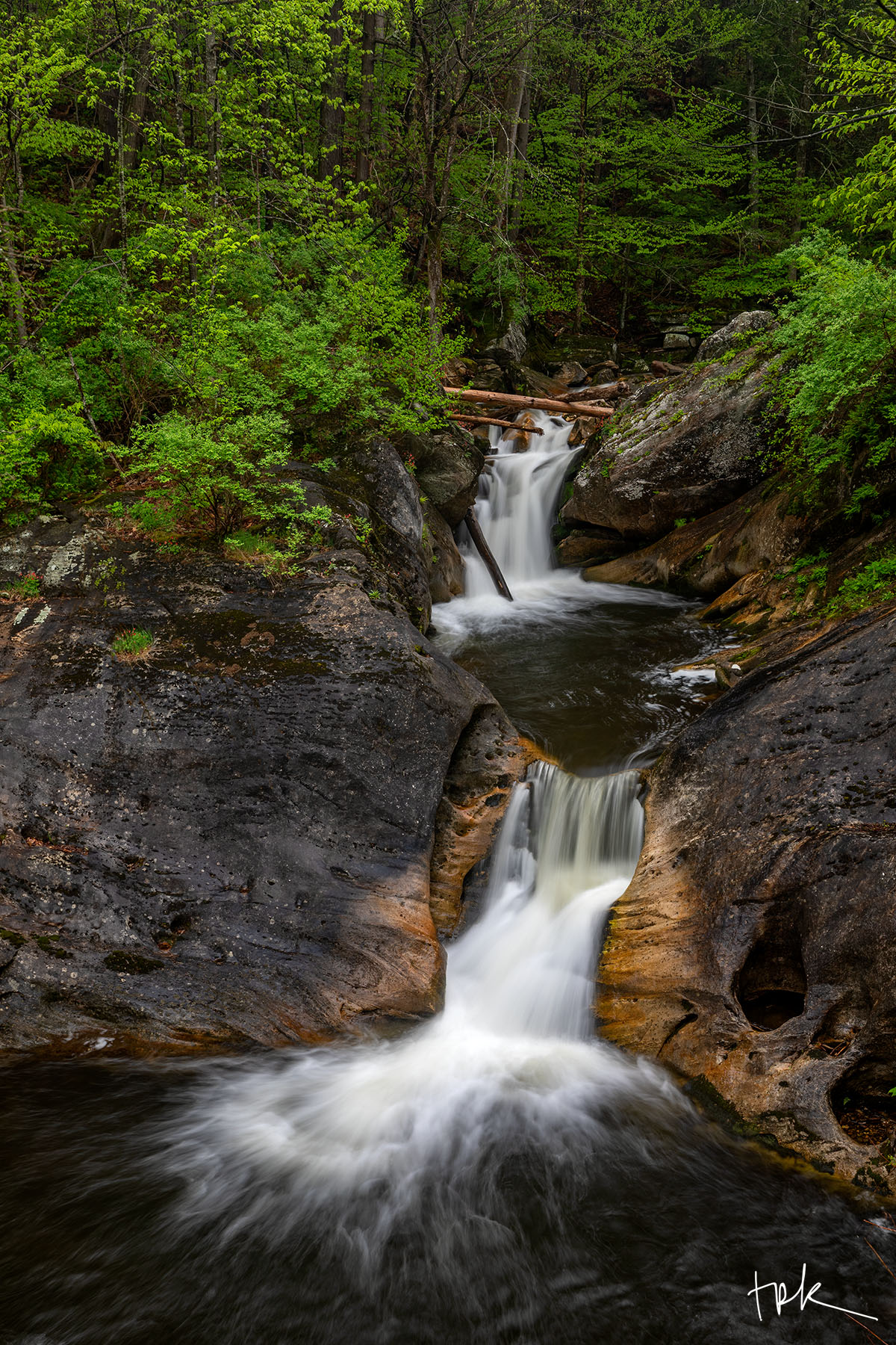 Written in Stone Limited edition print of two small waterfalls with pluge pools below at Connecticut’s Kent Falls State Park.