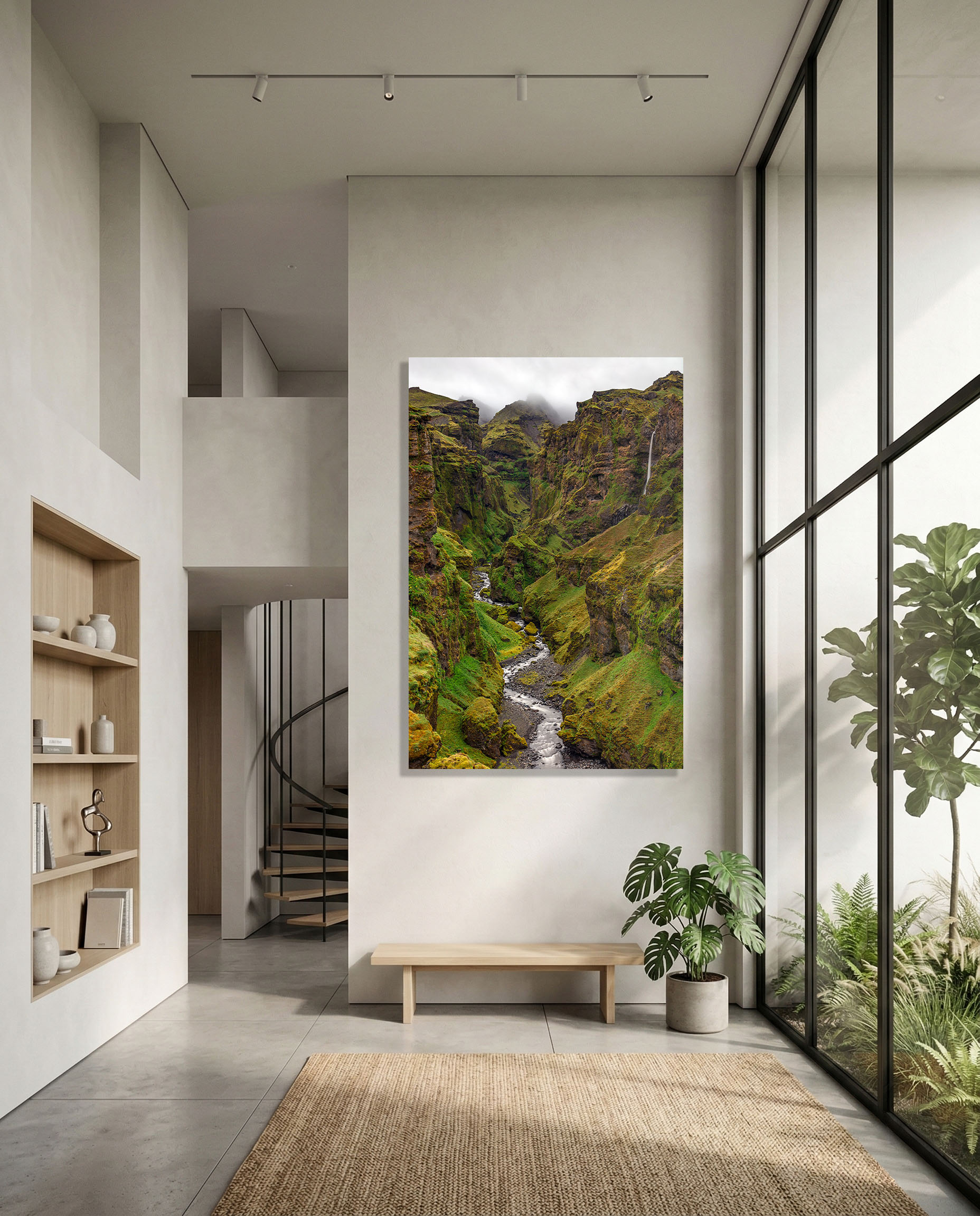 Icelandic canyon fine art landscape photograph displayed in a wide contemporary hallway with natural light.