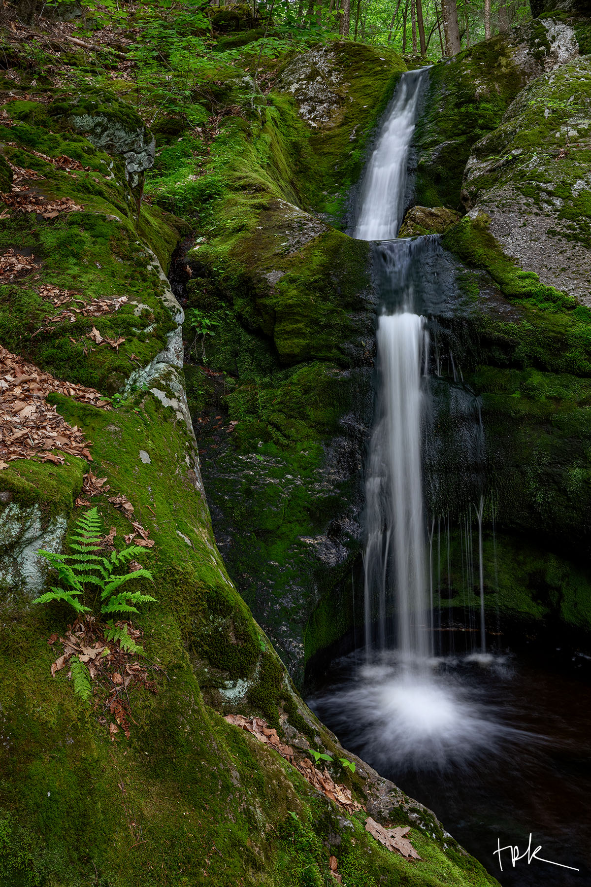 Gentle Flow Limited edition print of a two-tiered waterfall in the Connecticut woodland in spring.