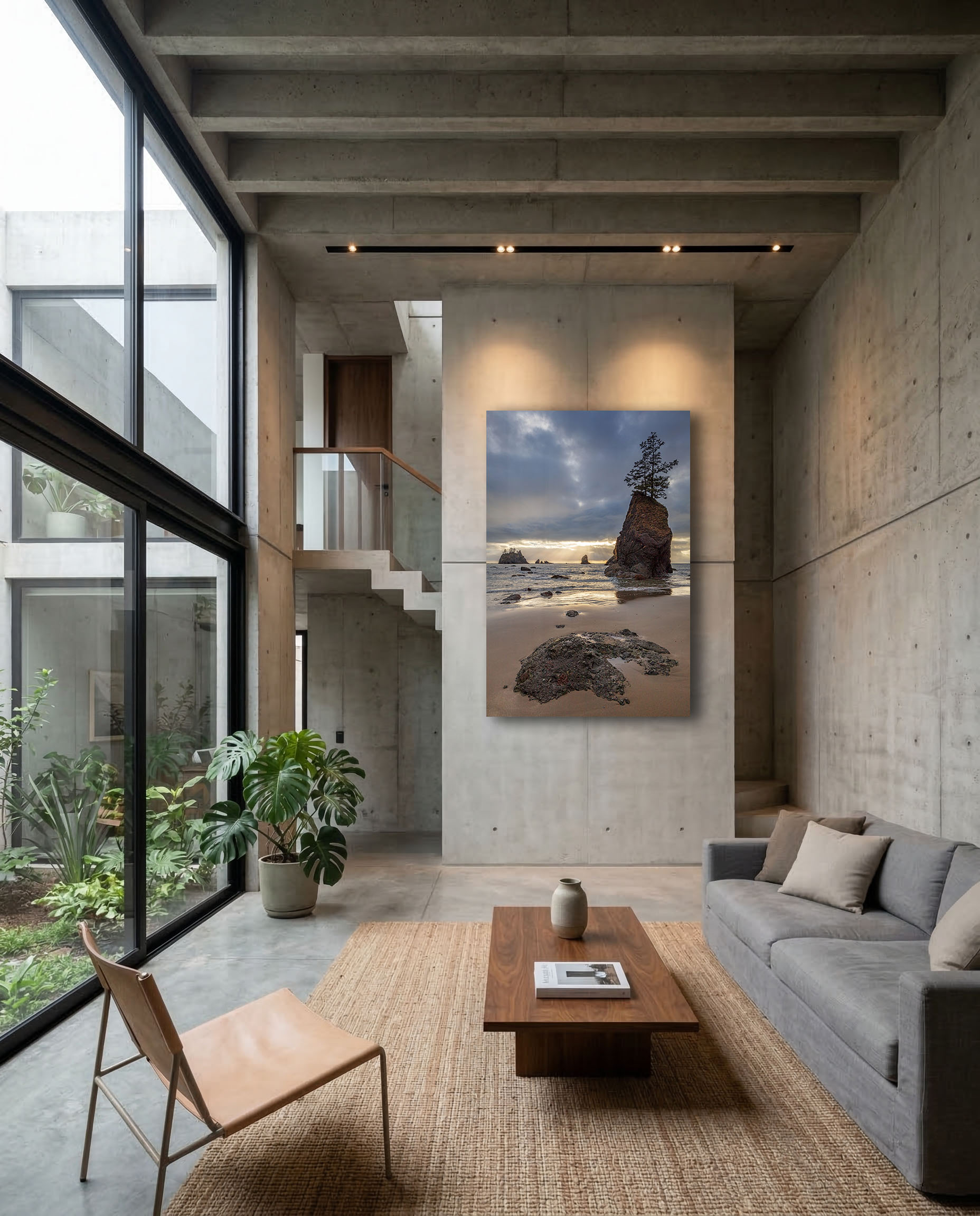 Large coastal sea stack fine art photograph displayed in a modern concrete living room with floor-to-ceiling windows.