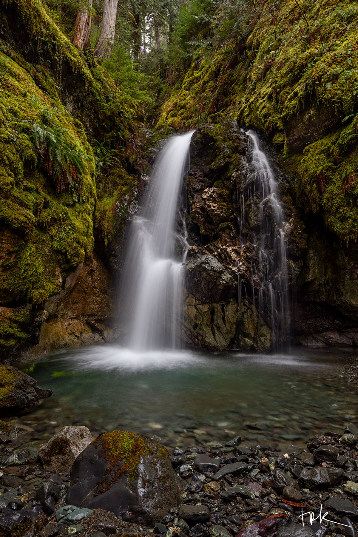 Emerald Hollow Limited edition print of a waterfall in a narrow gorge in a Pacific Northwest rainforest inside Vancouver Island’s Strathcona Provincial Park.