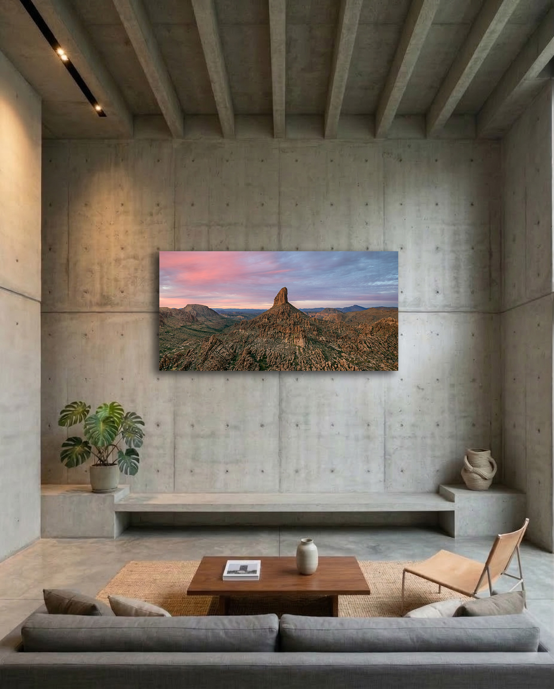 Weaver’s Needle in Arizona desert landscape fine art print displayed in a modern living room.