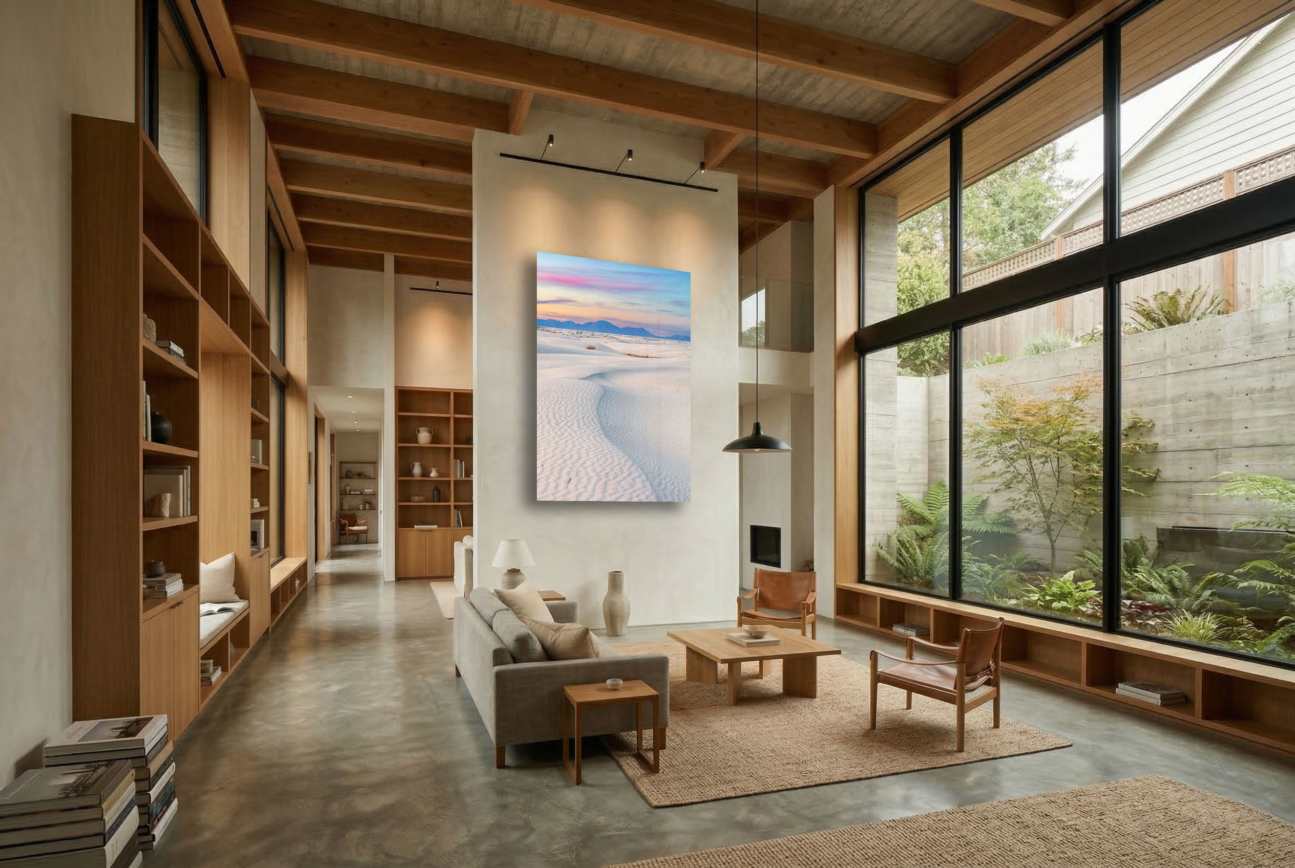 Warm desert sunset fine art landscape photograph displayed in a contemporary living room.